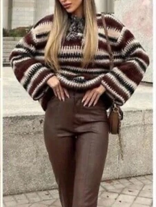 ZARA Oversized Hoodie Size L Striped Alpaca Wool Blend Chunky Knit Sweater - Picture 1 of 11