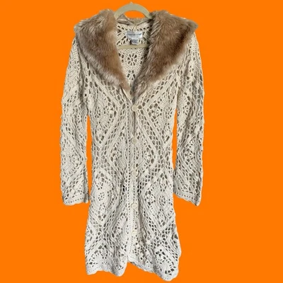 Cárdigan plumero vintage años 00 punto ganchillo manga campana piel sintética y2k PEQUEÑO Foto 1 de 4