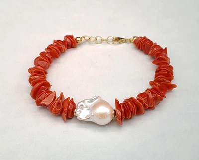 Bracciale donna corallo rosso  Sardegna perla barocca argento 925 made in Italy - Immagine 1 di 4