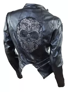Biker Faux Leather Jacket Skull Skull - Punk Motorcycle Gothic - Picture 1 of 4
