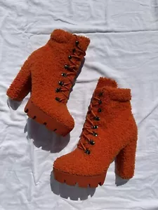 Azalea Wang Chunky Platform High Heel Boot Curly orange Fur showstopper Size 10 - Picture 1 of 5