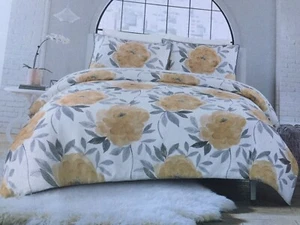 Nicole Miller Queen 3PC Duvet Cover Set Floral Yellow Gray Cotton NEW - Picture 1 of 9
