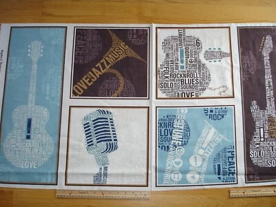 Musical Rhythm & Harmony Jazz Rock Guitars Cotton Quilt Fabric Panel  - Image 1 of 3