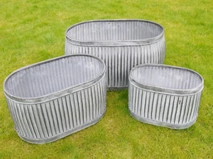 Large Vintage Galvanised Metal Planters Ribbed Oval Tub Plant Flower Pot Garden  - Picture 1 of 2