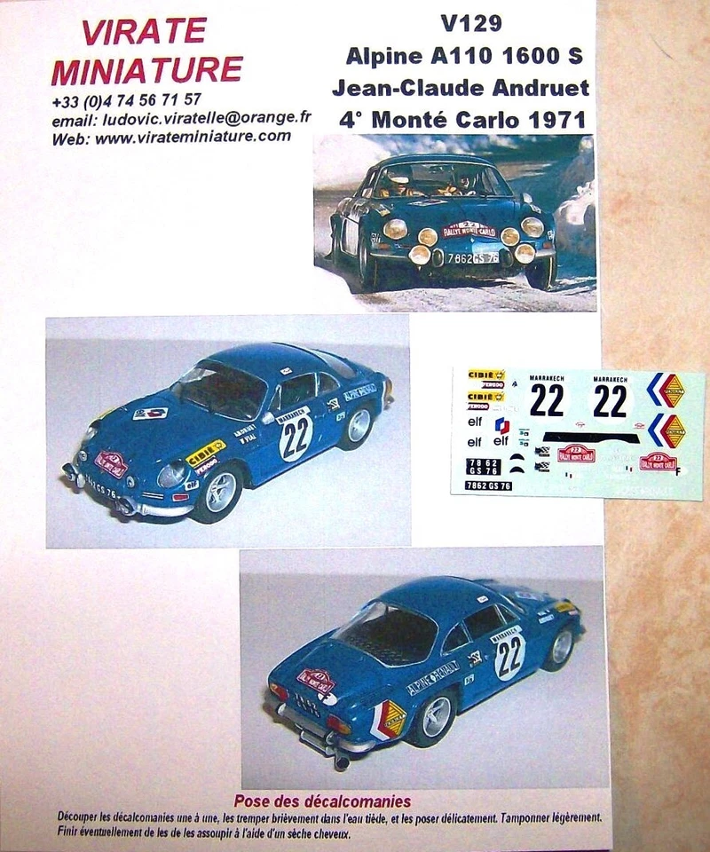 V129 ALPINE A110 1600S 4° RALLYE MONTE CARLO 1971 J.C ANDRUET DECALS VIRATE  - Immagine 1 di 1