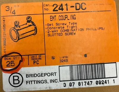 BRIDGEPORT 241-DC CONDUCTO ELÉCTRICO ZINC EMT ACOPLAMIENTO 241-DC LOTE DE 25 Foto 1 de 4