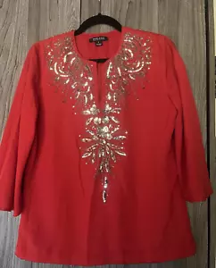 Rotes zeitloses Naeem Khan Top silber Perlen Pailletten Design Gürtelärmel ausgefallen! - Bild 1 von 8