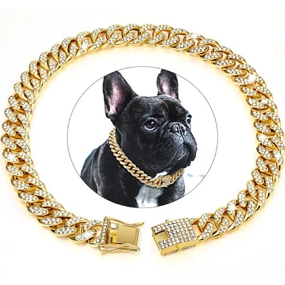 Luxury Dog Collar Diamond Chain Cuban Gold Rhinestones Pitbull Cat Necklace Gold - Image 1 of 4