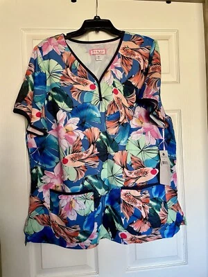 Koi Brand 2X Scrub Top With Fish & Lily Print NWT - Image 1 of 3