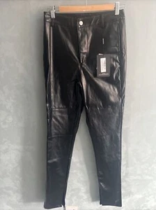 PRETTY LITTLE THING Black Vinyl Panel SPLIT HEM Skinny TROUSERS Size 10 L 33/34” - Picture 1 of 4