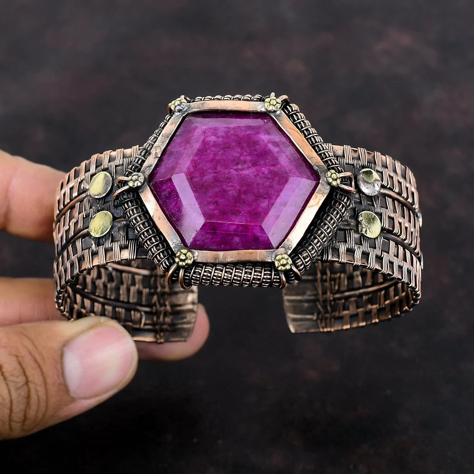 Gift For Women Jewelry Wire Wrapped Adjustable Cuff Copper Gemstone Handmade - Image 1 of 4