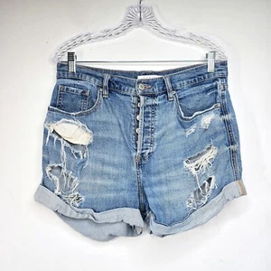 Eunina Jean Shorts L 34" Blue Olivia High Rise Distressed Denim Button Fly - Picture 1 of 8