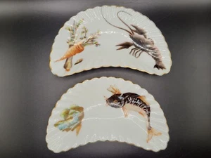 VTG Half Moon Bone Dishes Applied Motif Catfish Crawdad Crayfish Seafood LS & S - Picture 1 of 20