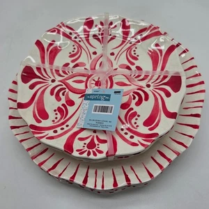 Hobby Lobby 4 Red Rimmed Scalloped Dinner Plates & 4 Swirl Salad Plates Melamine - Picture 1 of 6