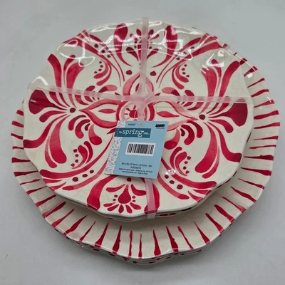 Hobby Lobby 4 platos de cena festoneados a rayas rojas y 4 platos de ensalada remolino melamina Foto 1 de 4