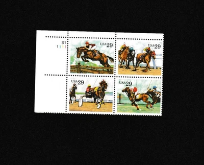 Unused US Postage 4 Block 29c Stamps Horse Racing Jumping Jockey - Image 1 of 2