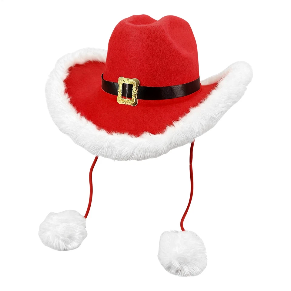 Christmas Hat White Pom-Poms Headwear White Plush Trim Cowboy Hat for Men - Image 1 of 4