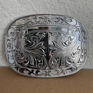 Vintage Silver Western Engraved Scrollwork Belt Buckle - Picture 1 of 4
