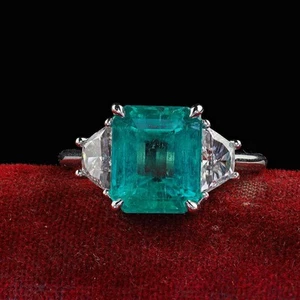 Estate Contemporary Platinum Colombian Emerald Diamond Three Stone Ring - GIA - Picture 1 of 11