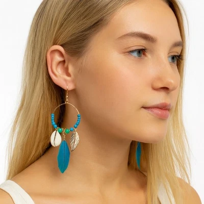 Boho Blue Feather Shell Earrings Gold Hoop Beaded Statement Jewelry lightweight - Image 1 of 2