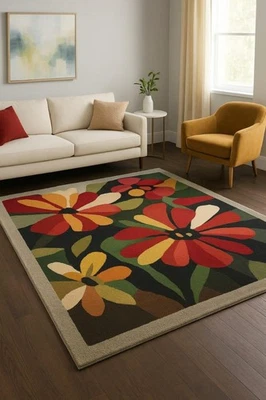 Lana acolchada a mano floral moderna Mid-Century rojo vibrante, naranja, amarillo Foto 1 de 4