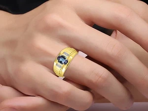 Rylos 925 Gold Plated SilverRing Simulated Alexandrite & Diamond 8X6MM - Picture 1 of 3