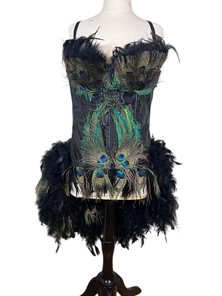 Fantasy Masquerade Peacock Feather Corset Dress Burlesque Gothic Steampunk Hi Lo - Image 1 of 4