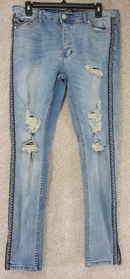 boohooMAN Men's Light Blue Button Fly Jeans   Skinny Jeans size 32 Distressed - Image 1 of 4