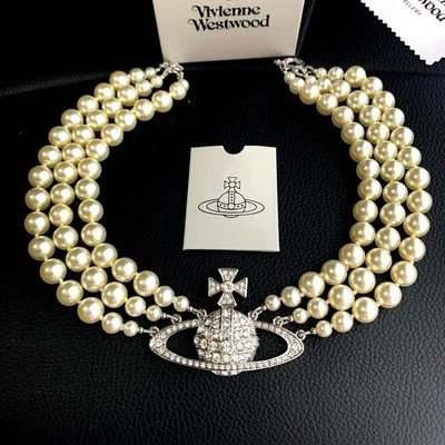 Vivienne Westwood Orb Triple Fake Pearl Choker Necklace Silver In Box/Drawstring - Image 1 of 4