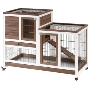 PawHut Rabbit Hutch, Guinea Pig House Cage w/ Wheels & Enclosed Run, Brown - Picture 1 of 11
