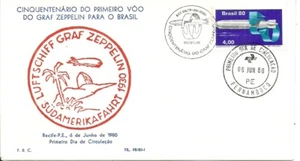 BRAZIL 1980 Transport Aviation ZEPPELIN Cinquentenary on K.Filet FDC of Recife - Picture 1 of 1