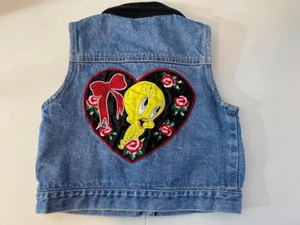 VTG 90s Looney Tunes Warner Bros Tweety Bird Blue Denim Jacket Vest Girls 6X - Picture 1 of 9