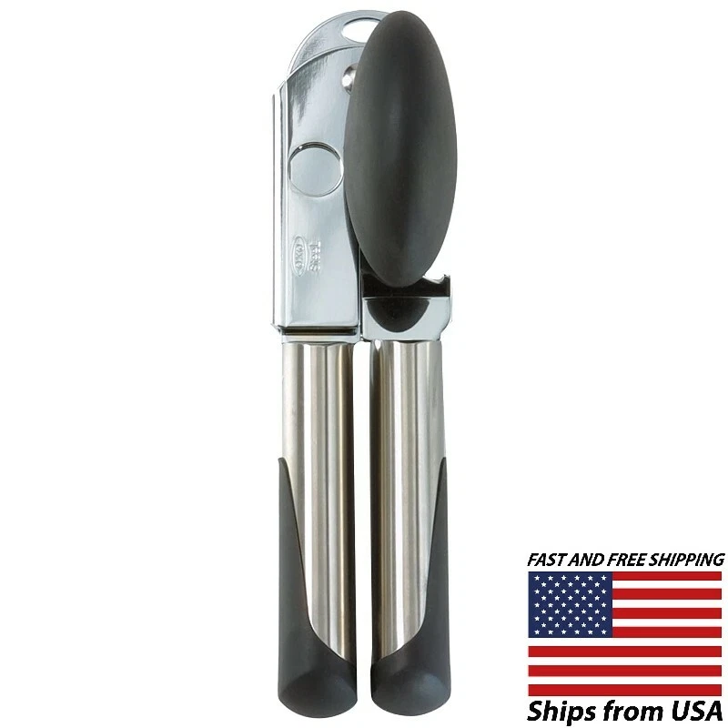 Abridor de latas manual de mango suave de acero OXO - acero inoxidable - con abrebotellas Foto 1 de 4