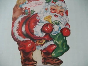 Vtg 1950's Forget Me Not Die Cut SANTA Daddy Christmas Card / Toys  - Picture 1 of 2