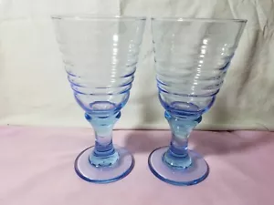 Libbey Glass Sirrus Light Blue Rock Sharpe 7" Tall Wine Goblet Ribbed Set Of 2 - Picture 1 of 4
