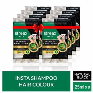 Streax Insta Shampoo Hair Colour-Natural Black-25 ml-Pack of 8 - Picture 1 of 3