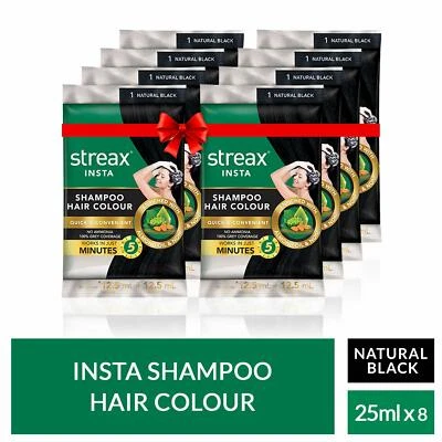 Streax Insta Shampoo Hair Colour-Natural Black-25 ml-Pack of 8 - Image 1 of 3
