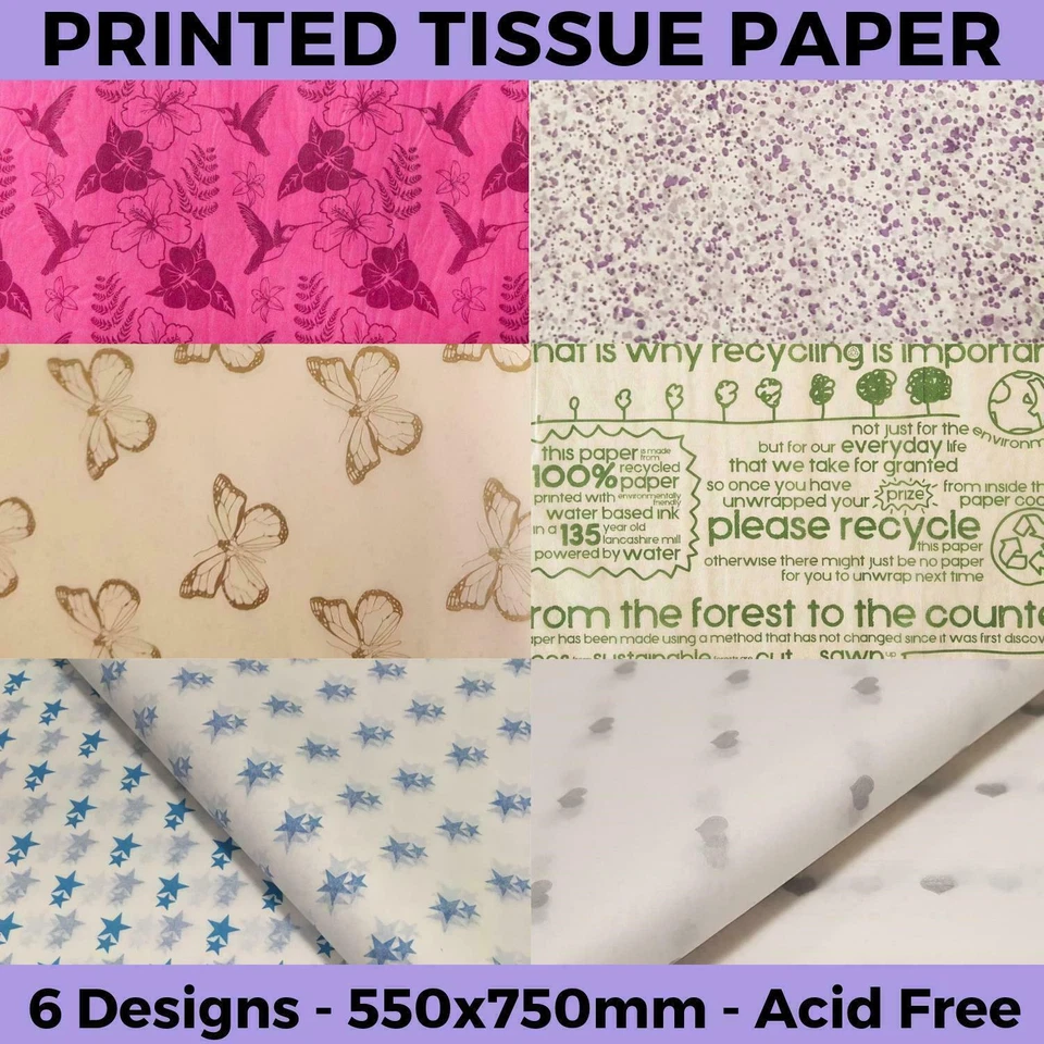 Printed Tissue Paper Acid Free Sheets - 8 Designs Coloured Gift Wrapping Pattern - Image 1 of 1