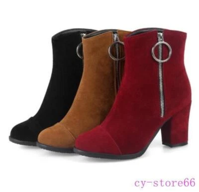 Women's Mid Heel Faux Suede Winter Ring Zip Ankle Boots Shoes Vintage Large Size - Image 1 of 4