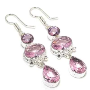 Pink Kunzite Gemstone Handmade 925 Sterling Silver Jewelry Earring R-116 - Picture 1 of 6