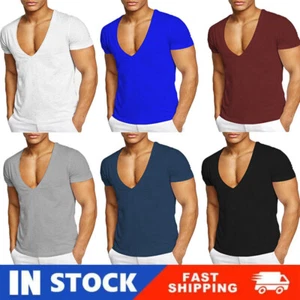 Mens Cotton Short Sleeve T-Shirt Tops Pullover Tees Slim Deep V Neck NEW UK - Picture 1 of 19