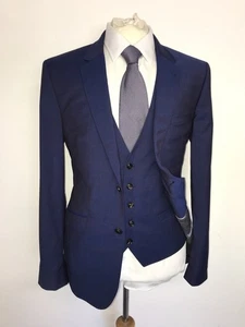 TED BAKER - 3 Piece Slim Fit Plain BLUE WOOL SUIT - 40 Reg - W34 L31 - WORN ONCE - Picture 1 of 18