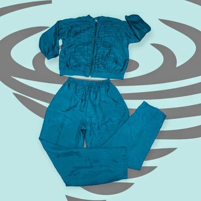 EVR ROUSSO Teal Green 100% SILK WindBreaker Track Suit Jacket Pants 2Pc Womens M - Image 1 of 4