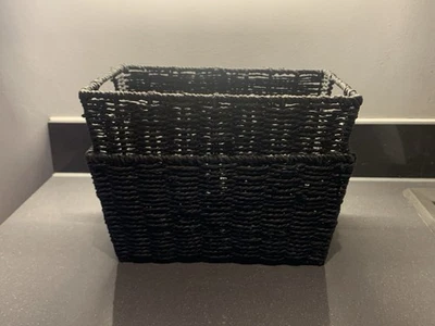 Black Wicker Basket 2 Pack Storage Bins Organiser Bread Basket - Image 1 of 4