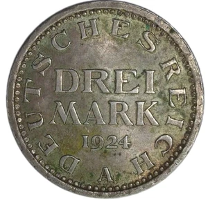 3 Mark 1924 In Berlin Deutschland Weimar Silbermünze .500 DDR - Bild 1 von 2