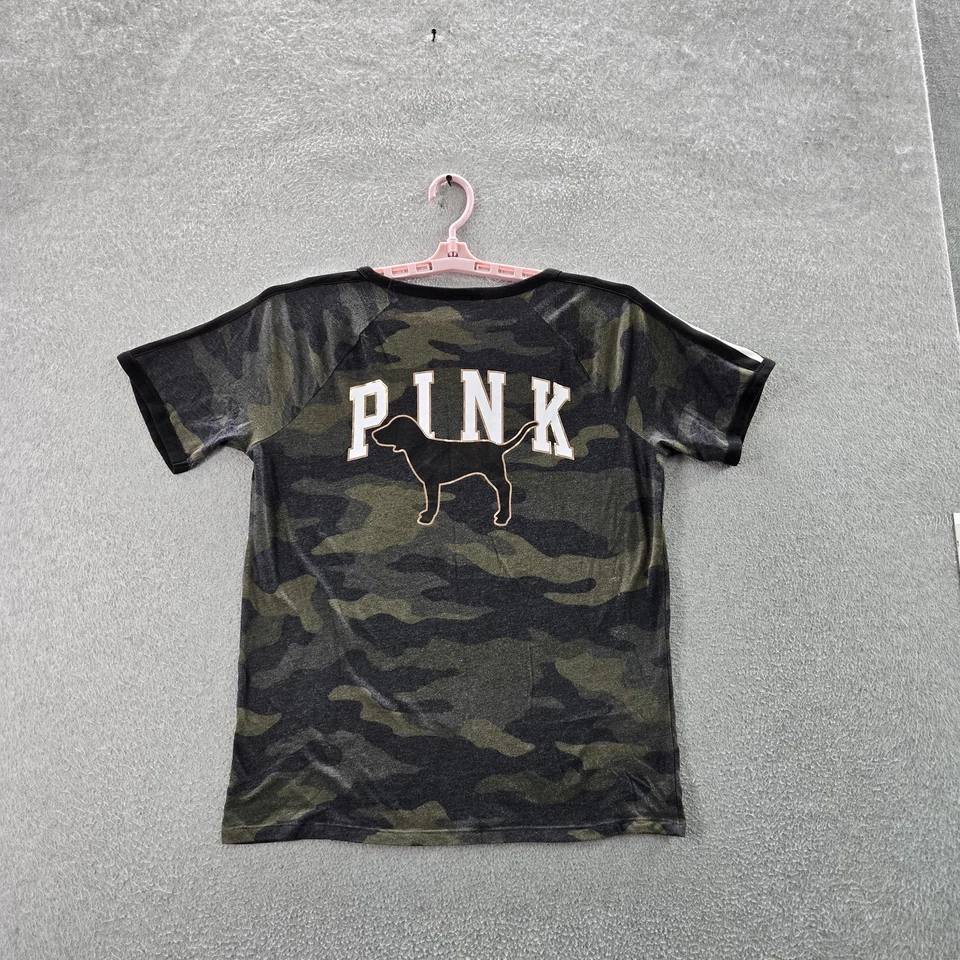 Camisa ROSA Victoria's Secret para mujer L verde camuflaje cuello redondo campus universitario Foto 1 de 4