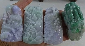 Cert'd Natural A Lavender Green Jadeite Jade Kwan-yin Scene Pixiu Pendant 4Pc - Picture 1 of 11
