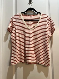 Madewell White/orange Stripe Tee Short Sleeve VNeck Armpit To Armpit 22” Large - Picture 1 of 6