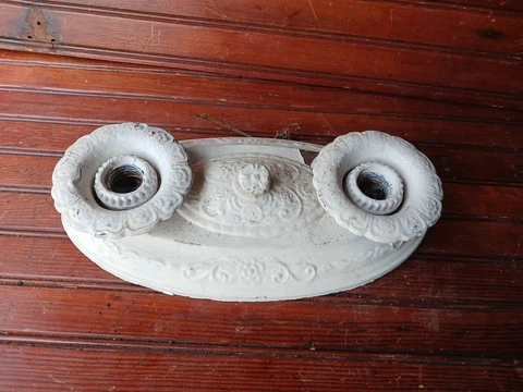 Vintage Stamped Metal, 2-Bulb Ceiling Light Fixture Antique 12" Painted Cover