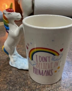 Unicorn Coffee Mug Ceramic 3D Hand Painted "I Don't Believe In Humans" Rainbow - Picture 1 of 3